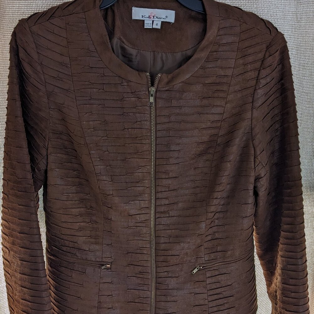 Kelly & Diane Faux Suede Brown Zip Up Jacket with 2 Front Zipper Pockets, Size 6